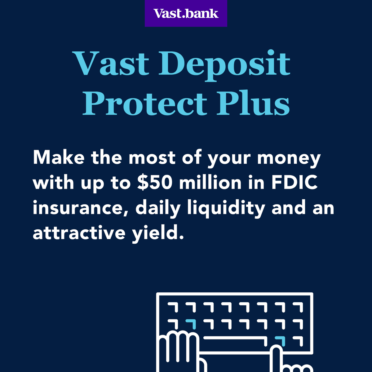 A better, more convenient solution for your money with Vast Bank. Maintain one account at Vast Bank where your deposits in excess of FDIC insurance limits are automatically allocated to other banks. Visit hubs.ly/Q02phbC60 for more information.

#tulsabank #banklocal