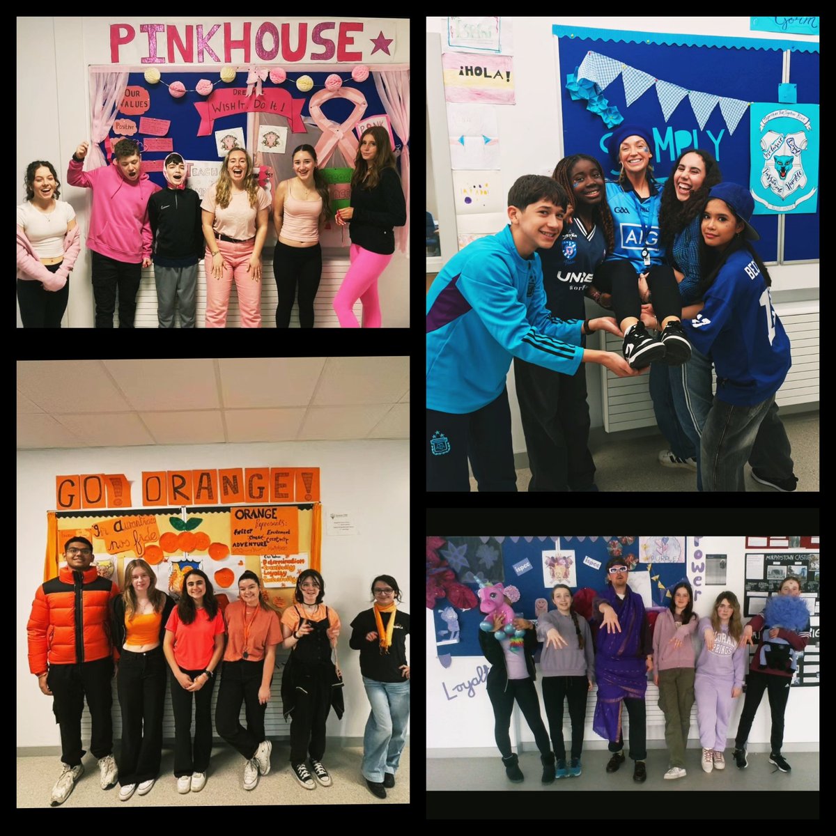 Another day in our dath an tí 🩷💙🧡💜 Having a House Friendship Day during #SeachtainNaGaeilge made for some very fun activities including a céilí mór, friendship bracelet making & scavenger hunts ☘️ House Heads & their House Captains 📸