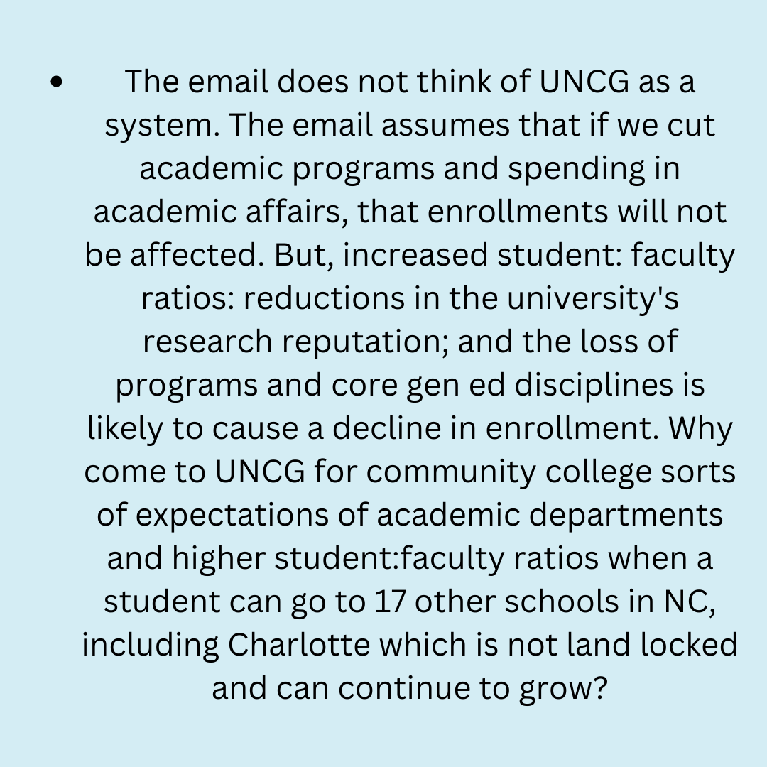 UNCG_AAUP's tweet photo. There is no plan for UNCG beyond these cuts than just making further cuts. Austerity and fear are not a vision for a university but are reactive measures that will accelerate UNCG into a downward spiral. #savetheg https://t.co/jOyXqtGWDD