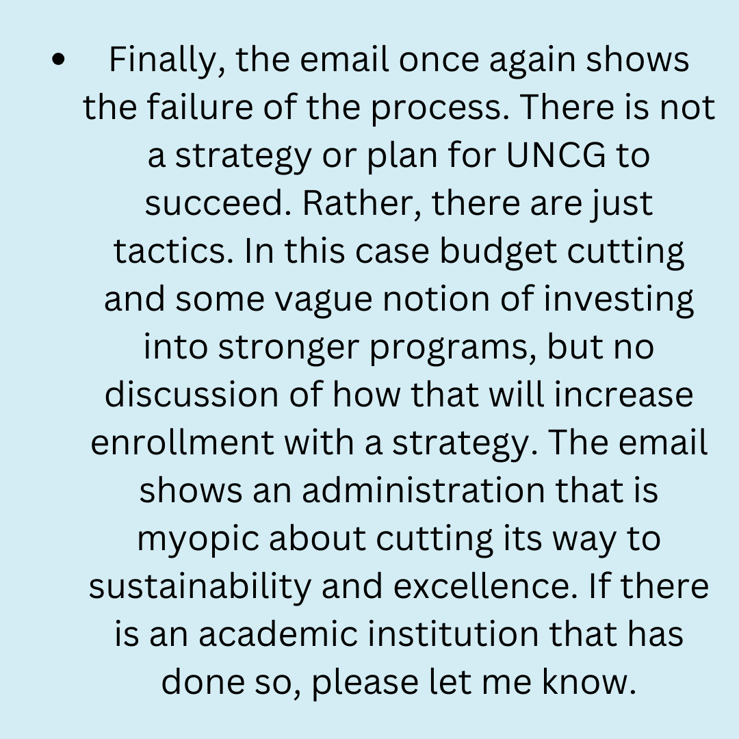 UNCG_AAUP's tweet photo. There is no plan for UNCG beyond these cuts than just making further cuts. Austerity and fear are not a vision for a university but are reactive measures that will accelerate UNCG into a downward spiral. #savetheg https://t.co/jOyXqtGWDD