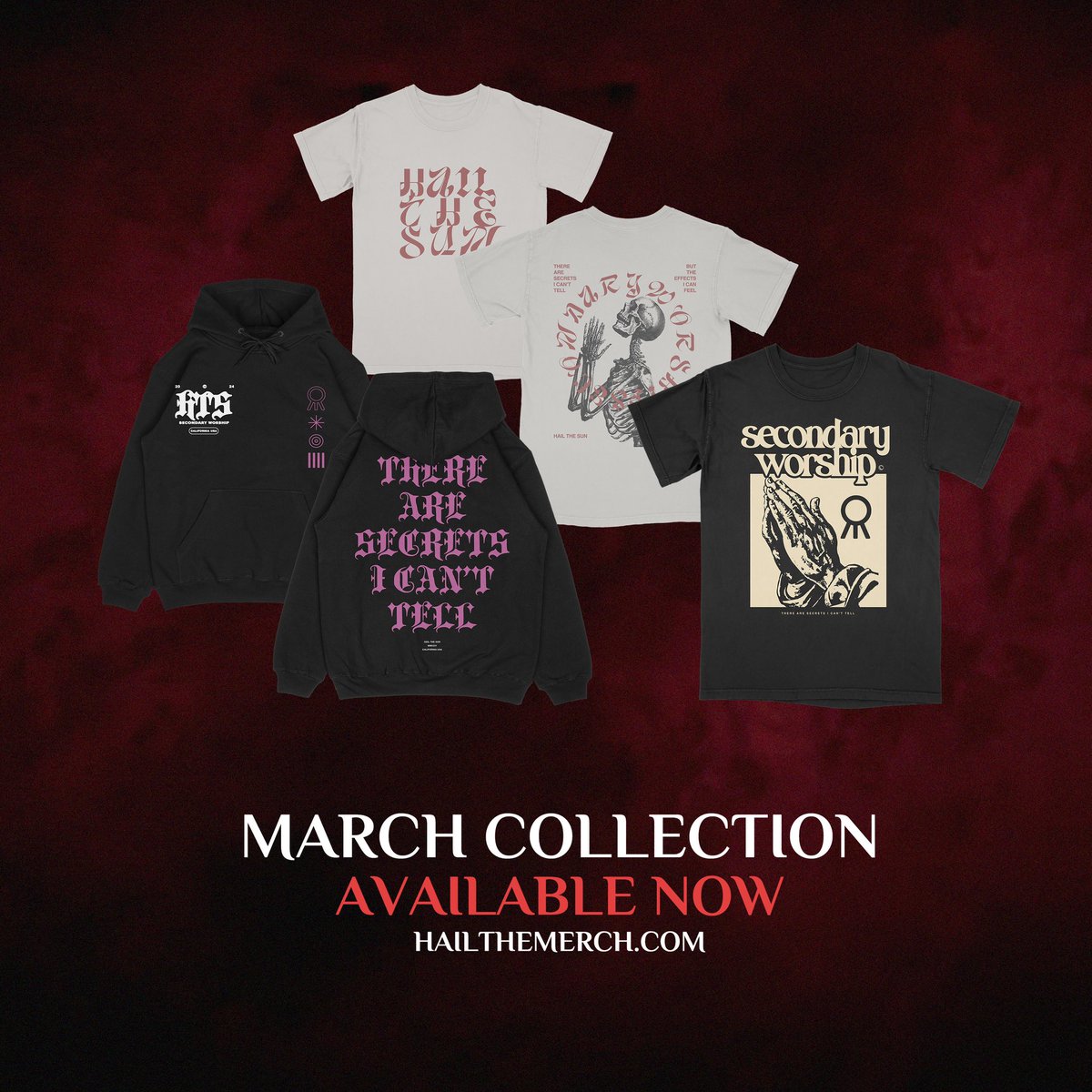 Thank you for your patience as we curated our March Drop. All these pieces coincide with our new single “Secondary Worship”. Please enjoy and we’ll see you on the road as we play “Secondary Worship” live in a city near you. Thank you, truly, for the love hailthemerch.com