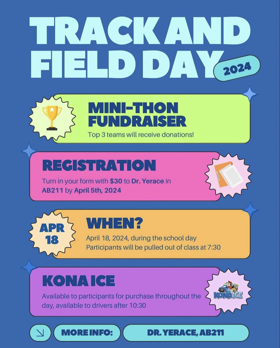 ATTENTION SF: Track and Field Day is right around the corner! Get your forms from Dr. Yerace in Room AB211. Forms, along with the $30 for your team, are due April 5th to Dr. Yerace. #FTK