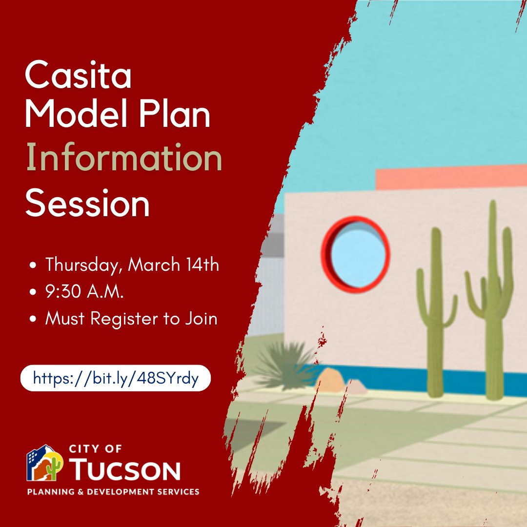 Want to add your design to our Casita model plan library? Join @TucsonPDSD tomorrow, 3/14, at 9:30 a.m. for a virtual info session. We'll cover everything you need to know to submit your plans. More information and to register: bit.ly/48SYrdy