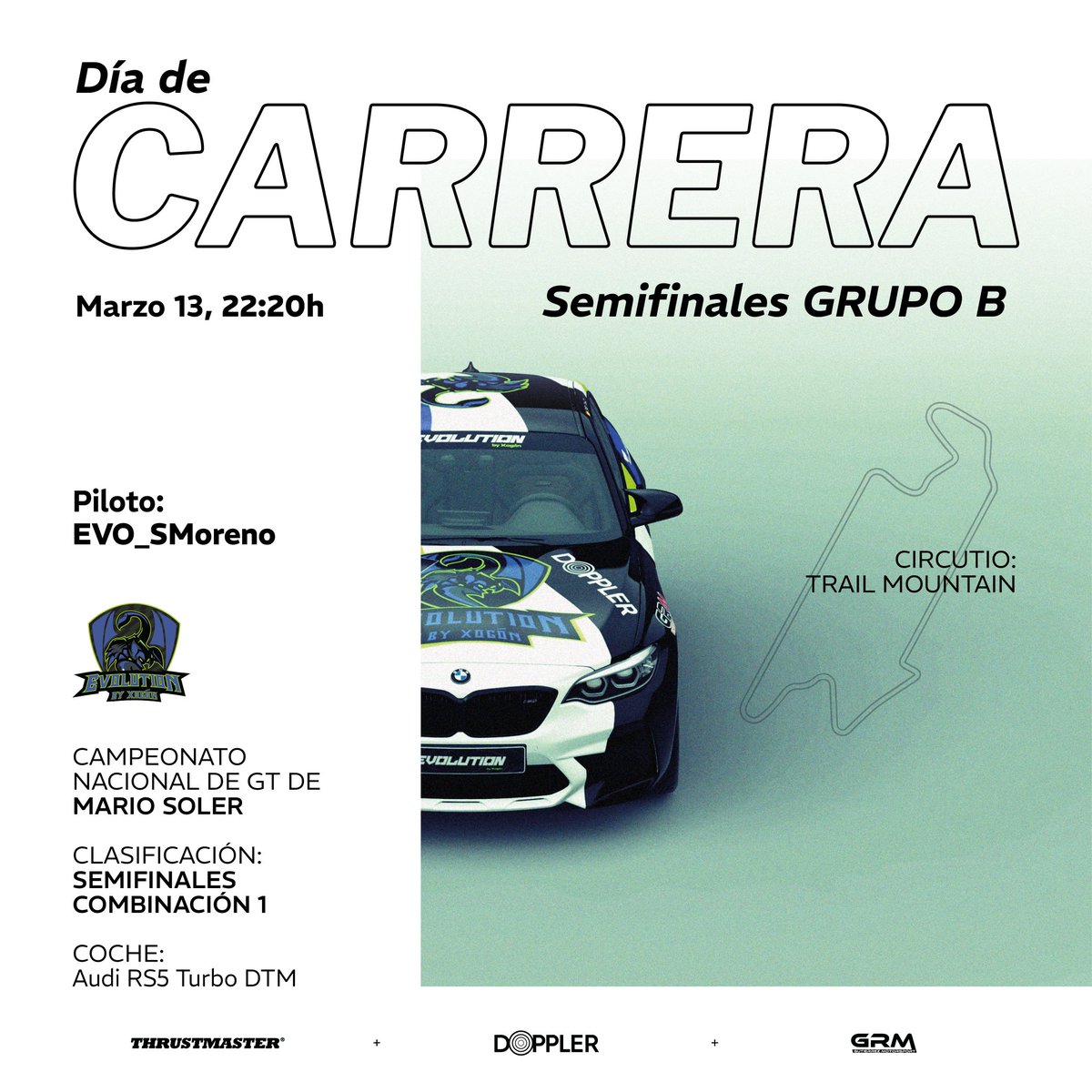 🏁🏎️🏁
Día de Carrera
Segunda semifinal, nuestros pilotos <a href="/MANUELHERNANZ14/">MANU14</a> y @EVO_SMoreno tienen que quedar en las posiciones más altas para optar a la clasificación a la final del Campeonato Nacional de GT, pero desde el team confiamos en su talento. 
Ánimo chicos, Evolución!!!