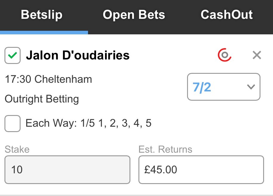 Jalon D’oudairies to win 7/2 £10 returns £45 Huge offer for Cheltenham today!! Claim a £50 freebet for todays Cheltenham 🔥🔥 Sign up here bit.ly/3S8BZqq 18+ T&C apply BeGambleAware AD