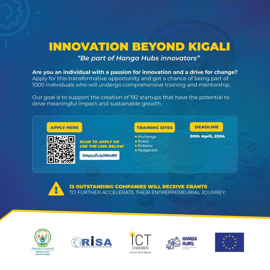 rwictchamber's tweet photo. Rusizi, Muhanga, Nyagatare and Rubavu innovators and entrepreneurs, this is for you to thrive! RISA together with ICT Chamber bring to you Hanga Hubs program in your town. https://t.co/8CGOktfD6W