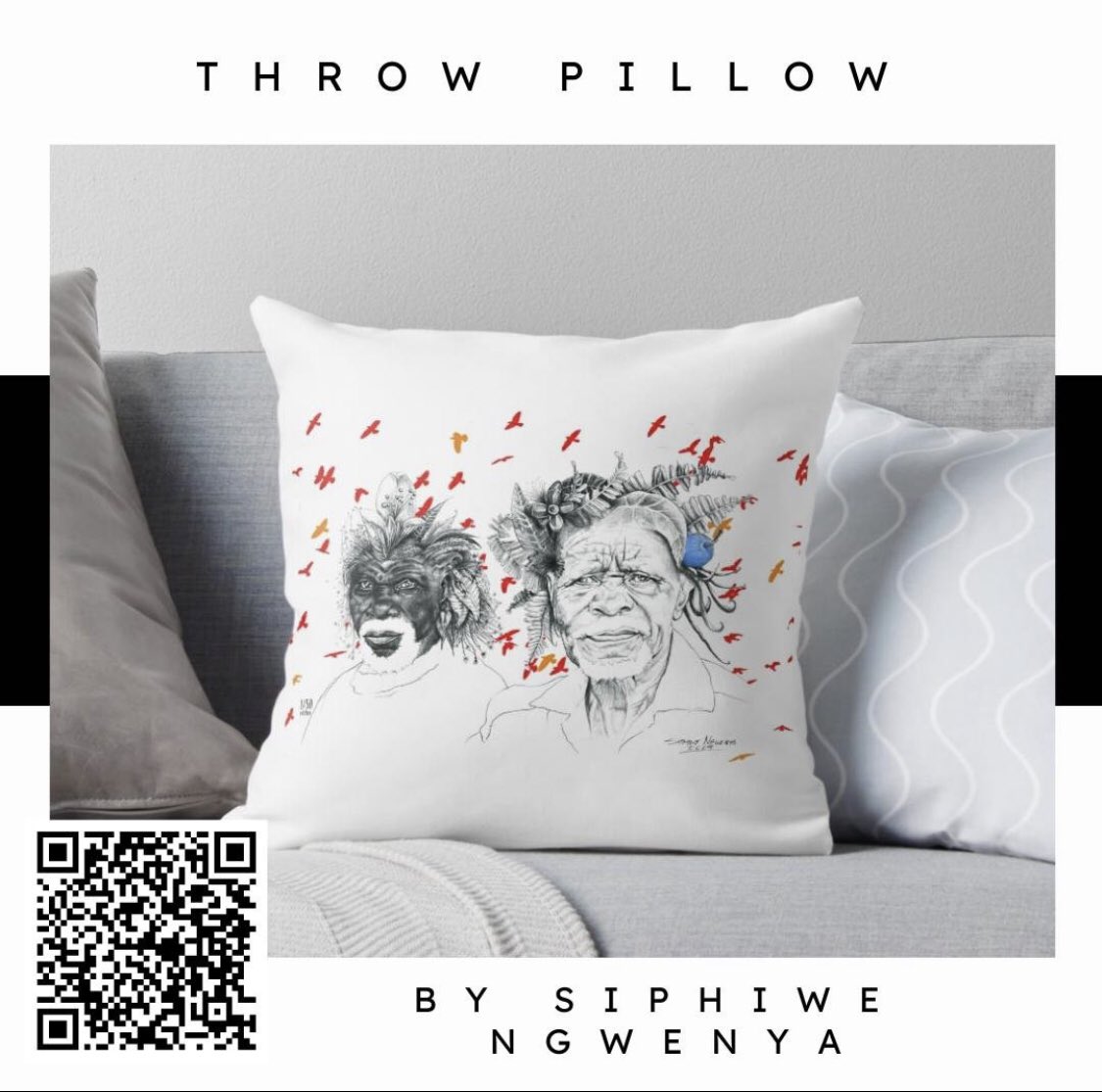 Update your living space with this SunMen with the Birds throw pillow - its vibrant design will brighten up any space. Scan the QR code to shop! @visitjoburg @visitgauteng @visitsouthafrica #MabonengTownshipArtsExperience#ArtVenturousConference #TownshipArts