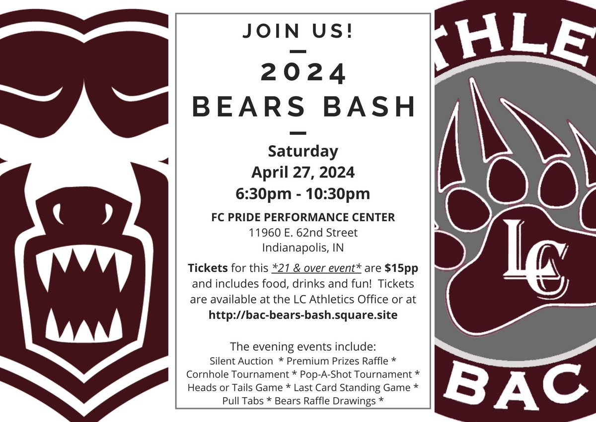 Join us for the BEARS BASH on Saturday, April 27, 2024, from 6:30-10:30pm for a casual, tailgate-style evening with dinner, drinks, music and all the fun you can handle. Tickets are $15. ALL LT STAFF ARE FREE! Purchase tickets online at bac-bears-bash-square.site Go Bears!