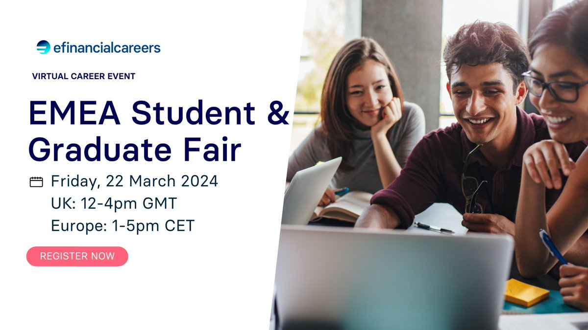 LondonMetCareer's tweet photo. 🌟 Exciting Opportunity Alert! 🌟 Join us for the EMEA Student and Graduate Fair hosted by eFinancialCareers on March 22, 2024. Don't miss your chance to connect with top recruiters from leading financial institutions! Register now! 🚀 #FinanceCareers #StudentFair #GraduateFair https://t.co/qdVtW6PE2B