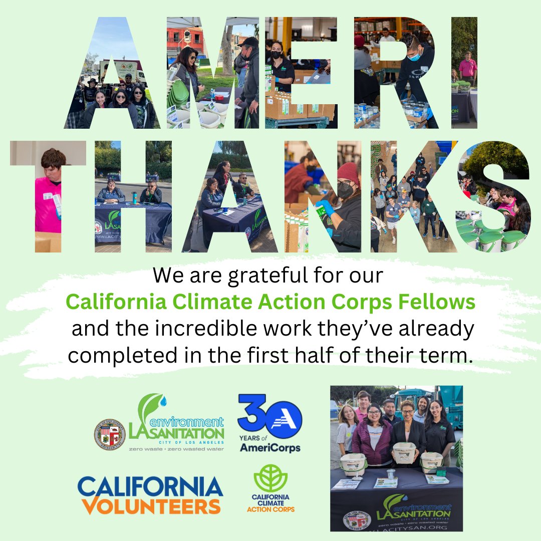 ✅Created #foodpantries
✅Distributed #organics pails 
✅Worked w #foodrecovery orgs
✅Encouraged #Angelenos to #learntocompost

LASAN's #ClimateActionCorps Fellows are amazing! THANK YOU Elsie, Jose, Payton, Joanna, Urmi, and Emilee!

#amerithanks #AmeriCorpsWeek #volunteer #LA