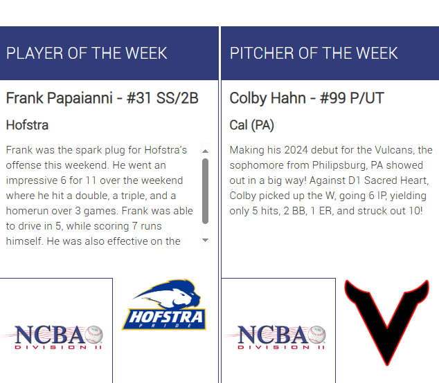 The_NCBA's tweet photo. Congratulations to Frank Papaianni (@HofstraBall) and Colby Hahn (@VulcanBaseball) on earning Week 16 NCBA DII National Player &amp; Pitcher of the Week Honors!  
https://t.co/n0b5bKyKBT https://t.co/dmEgXEIKP5