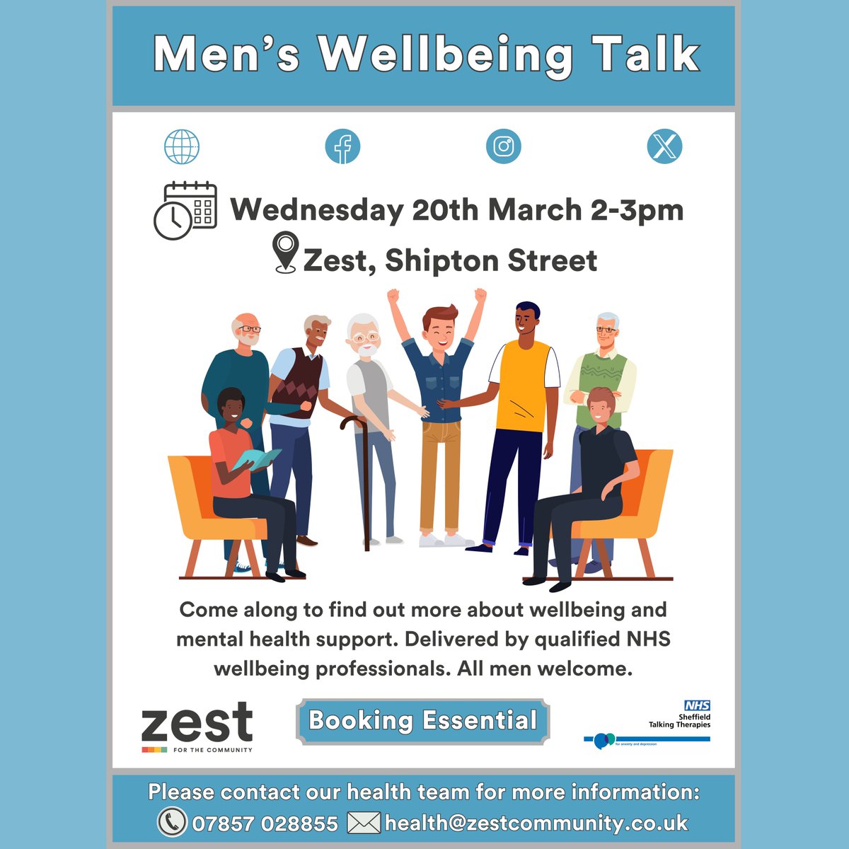 Join us this Wednesday 20th March 2-3pm to learn about ways to look after your wellbeing and find out more about Sheffield Talking Therapies Men-only wellbeing session delivered by qualified NHS Wellbeing Practitioners 📍Zest, Shipton Street #MensHealth #Sheffield #Upperthorpe