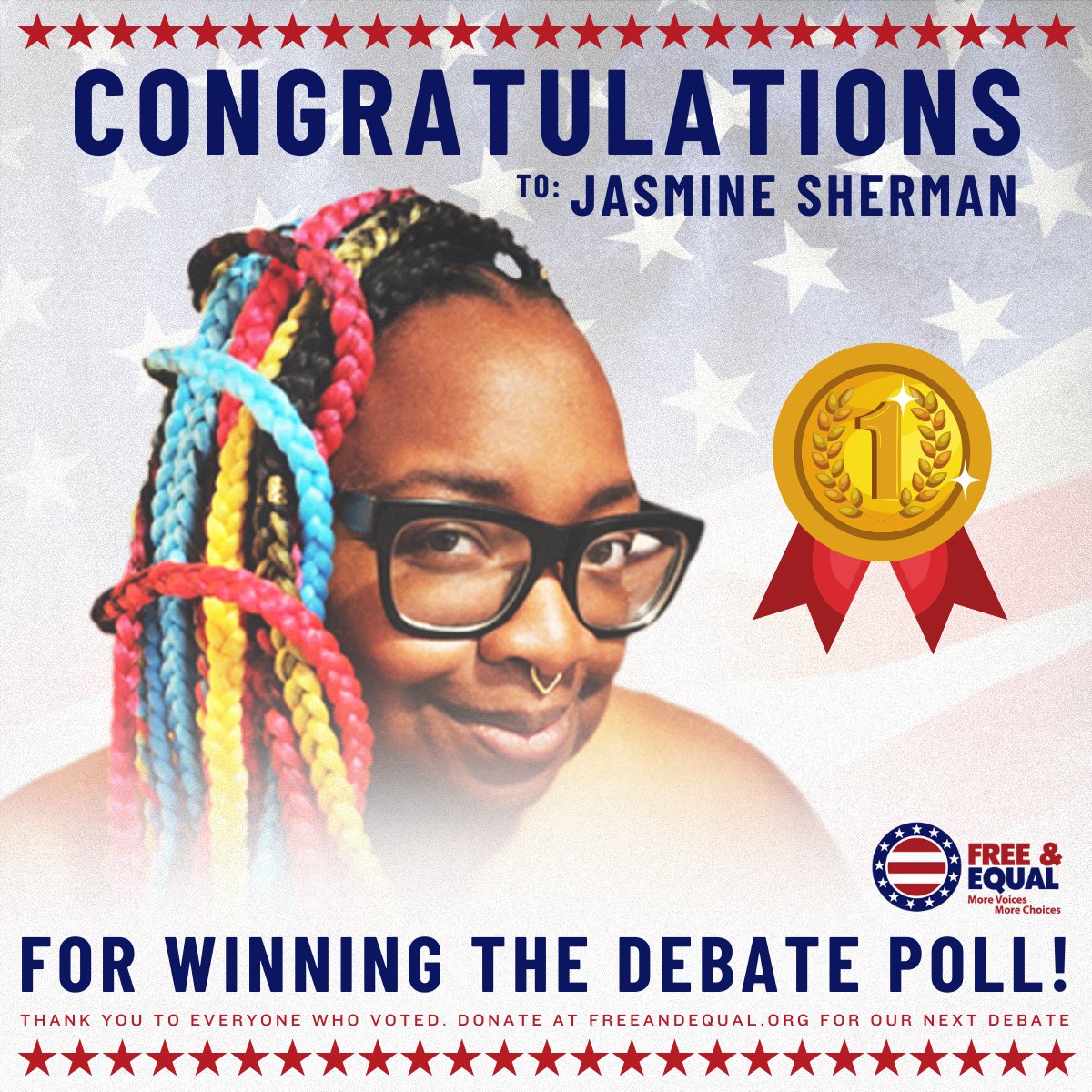 FreeandEqual's tweet photo. Congratulations to @FatSocialist for her victory in the recent Free and Equal debate poll following the 2/29/24 debate in NYC! 🎉 

Donate For The Next Debate: https://t.co/YfD1uHagaf

#FreeAndEqual #JasmineSherman 
#Winner #DebateChampion https://t.co/CyieM8uOrK