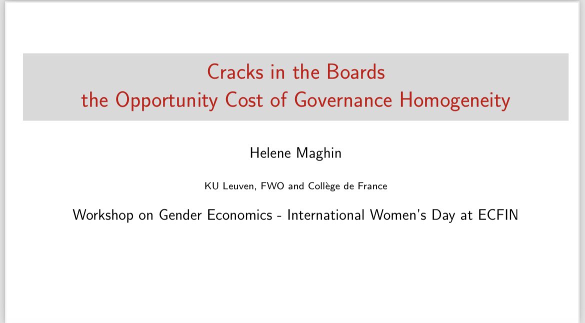 Fascinating discussion @ecfin workshop on public policies improving gender equality. Thank you for inviting me to present my JMP on quotas. It is vital we maintain a constant dialogue between academics and policy-makers to foster the role of women in the economy and society.