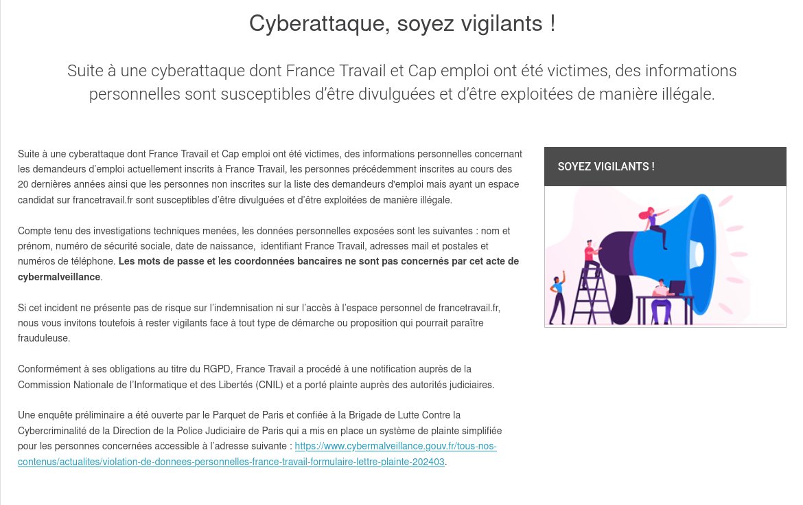 _SaxX_'s tweet image. 🚨🔴CYBERALERT🔴 | 🇫🇷Pôle emploi et Cap emploi victimes d'une cyberattaque, 43M de données dans la nature

nom, prénom, numéro de sécurité sociale, date de naissance, identifiant France Travail, mail, adresse et numéro de  téléphone de potentiellement 43M dans la nature.

Pôle…