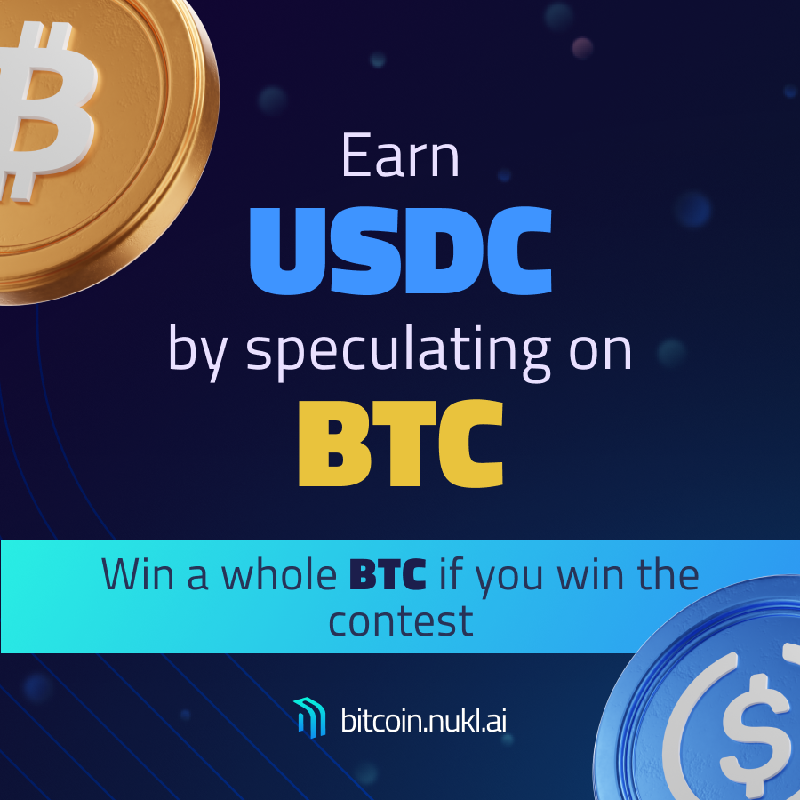 Predict the Right Price = Win 1 #Bitcoin. 🤩 Share your speculations here: bitcoin.nukl.ai 👈 Earn USDC on your price predictions. 😱 Win an entire Bitcoin if you get it right. 🔥 #BTCNAI