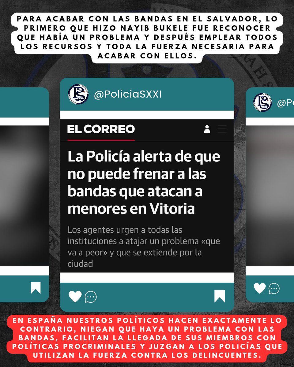 PoliciaSXXI's tweet photo. Para acabar con las bandas en El Salvador, lo primero que hizo @nayibbukele, fue reconocer que había un problema y después emplear todos los recursos y toda la fuerza necesaria para acabar con ellos.

En España nuestros políticos hacen exactamente lo contrario, niegan que haya un problema con las bandas, facilitan la llegada de sus miembros con políticas procriminales y juzgan a los policías que utilizan la fuerza contra los delincuentes.