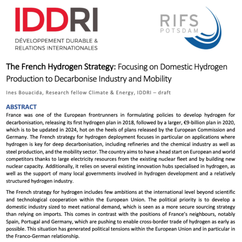 IDDRI_English's tweet photo. The Research Institute for Sustainability (RIFS) will soon be publishing a book about the geopolitics of hydrogen. In collaboration with @RIFS_Potsdam, we are publishing a preview of a chapter of this book, written by @BouacidaInes, which focuses on the French hydrogen strategy👇