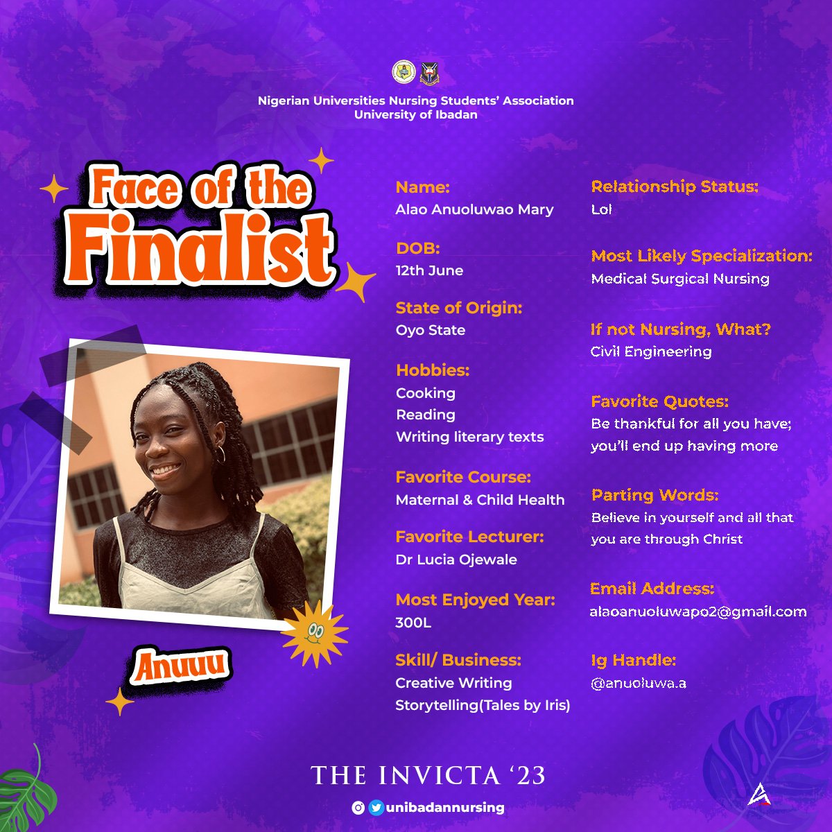 15 & 16/37

Meet Faleye Oluranti and Alao Anuoluwapo , the finalists we are spotlighting today! 🥂✨

They are the faces of the finalists for The Class Invicta 23' today! 😇🥳

#Finalistoftheday #NUNSAUI #UnibadanNursing
