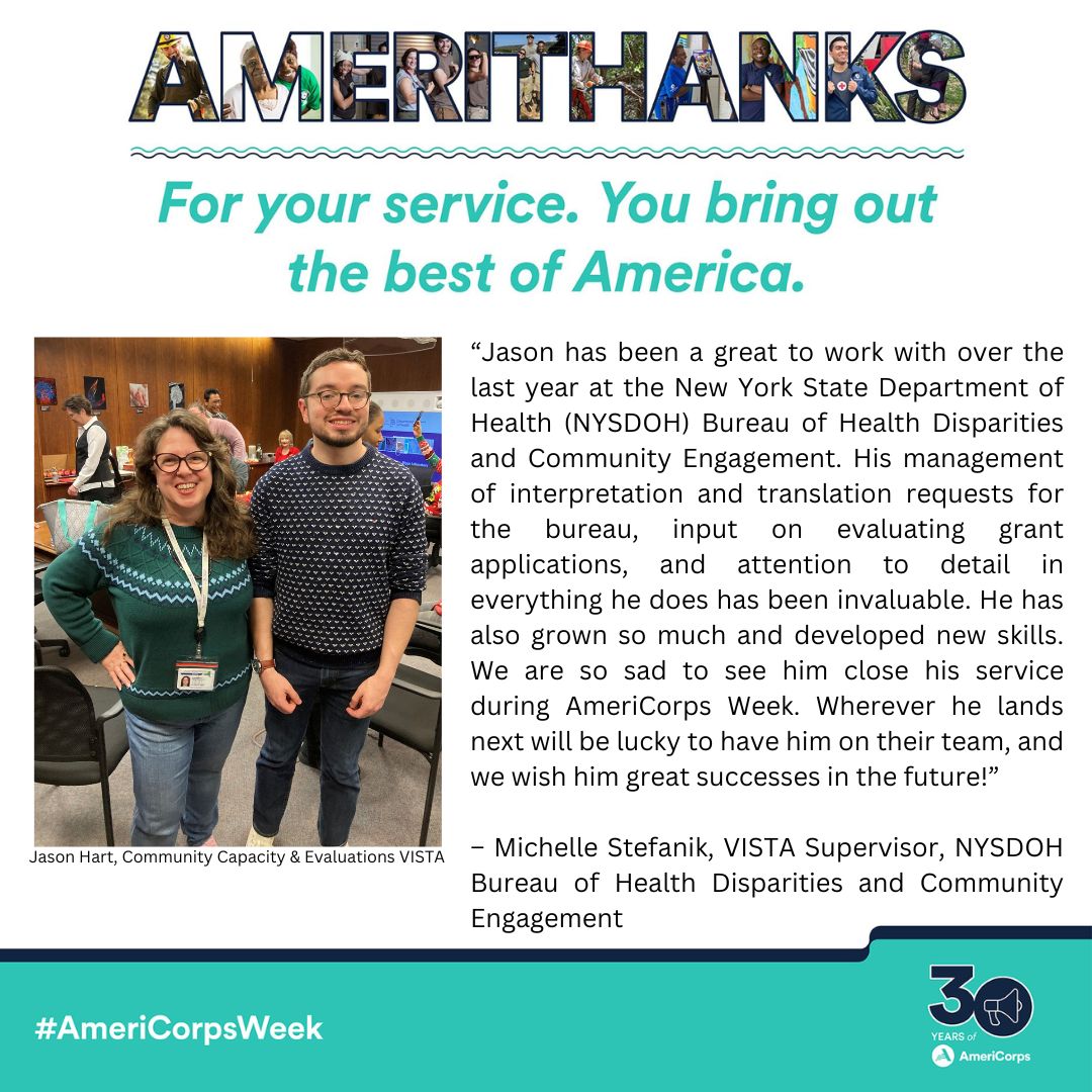 The Commission gives #AmeriThanks to Jason Hart who wrapped up a successful term of @AmeriCorps VISTA service with the New York State COVID-19 Response VISTA Project on 3/11/24 during #AmeriCorpsWeek!