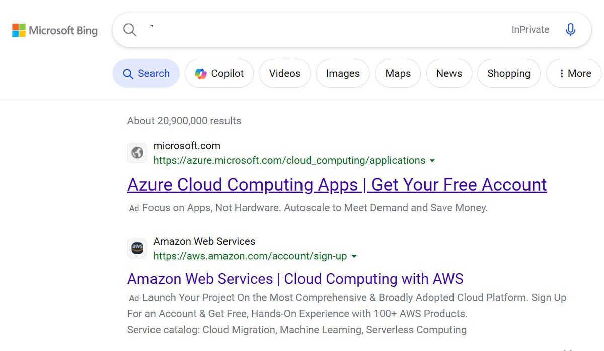 The first result when you search for "AWS" on Bing 🤣