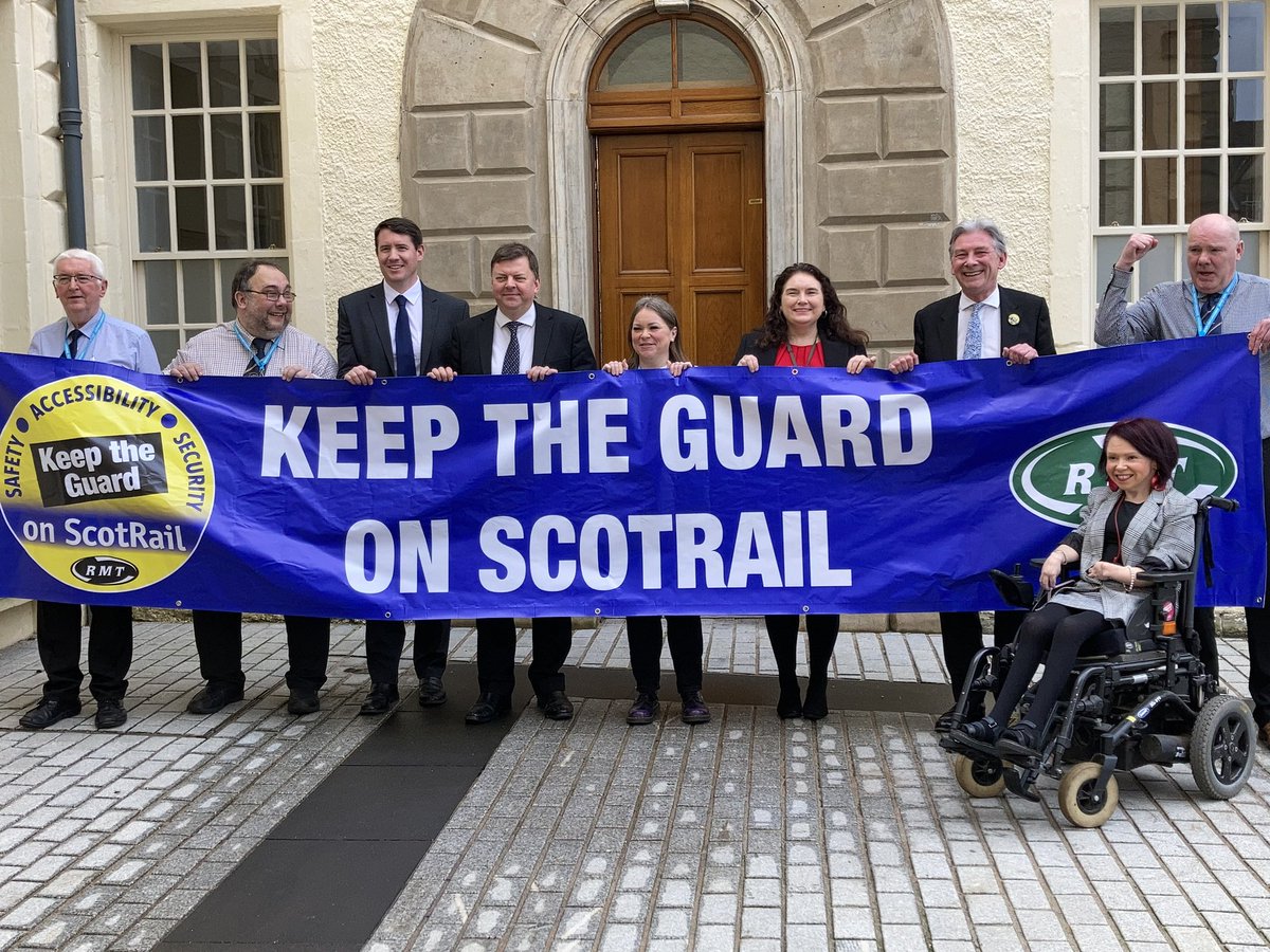 KatySClark's tweet photo. Great to support the @RMTunion’s #KeepTheGuard campaign and to hear more about the safety critical role of the guard on board and in the dispatch and arrival of trains ✊ 

ScotRail must commit to a guard on every train and stop Driver Only Operation. https://t.co/HiKvyEbQsn