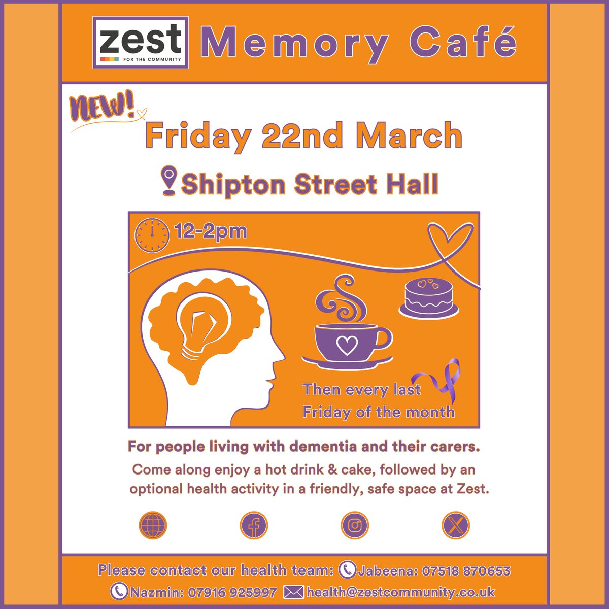Zest's Memory café is this Friday, 22nd March, 12-2pm in Shipton Street Hall. Open to anyone living with dementia and/or memory loss, their friends and carers ☺️☕ This month we celebrated World Book Day, so why not bring your favourite book with you and tell us all about it📖📚