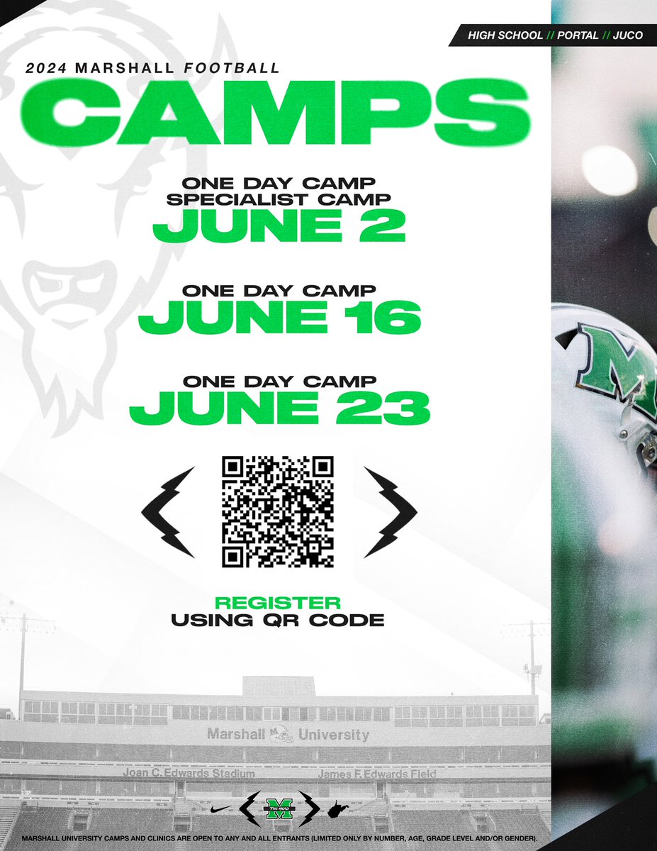 SAVE THE DATES 📆 Registration for the 2024 Marshall Football summer camps is now open. Scan the QR code to register!