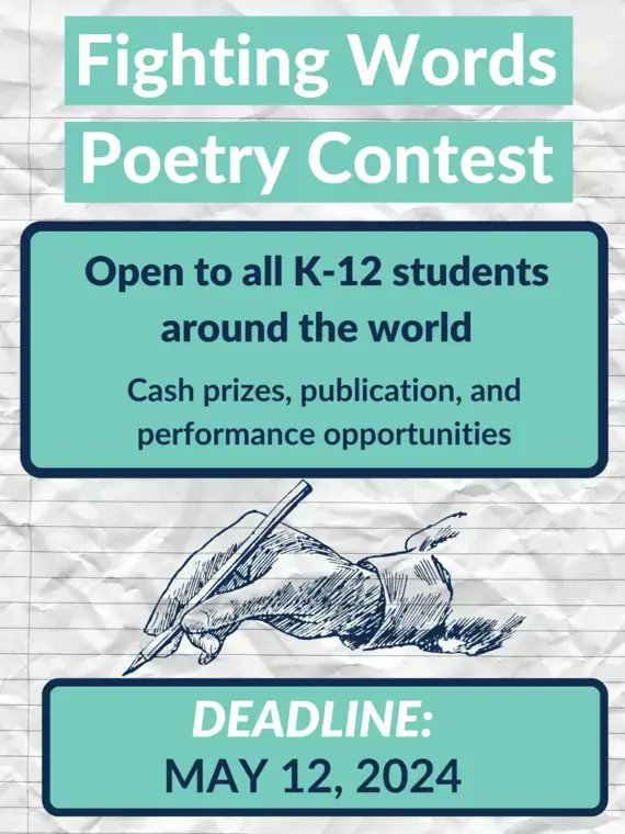 K-12 students are invited to check out @pulitzercenter's 2024 Fighting Words Poetry Contest! Prizes include up to $300 and publication on the Pulitzer Center website. The submission deadline is May 12, 2024. Learn more: bit.ly/3lb7iEM.