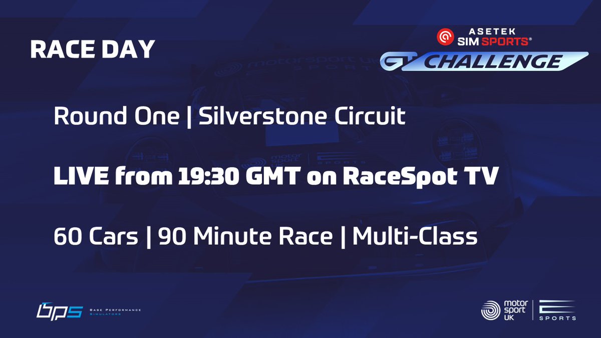 IT'S @AsetekSimSports GT CHALLENGE RACE DAY!

Round 1 from Silverstone is LIVE tonight from 19:30 GMT on <a href="/ourmotorsportuk/">Motorsport UK</a> TV, courtesy of <a href="/RaceSpotTV/">RaceSpot TV</a> here - motorsportuk.tv/videos/live-20…

Tune in to see 60 cars hit the track and battle it out for 90 minutes🥵

#simracing #gtchallenge