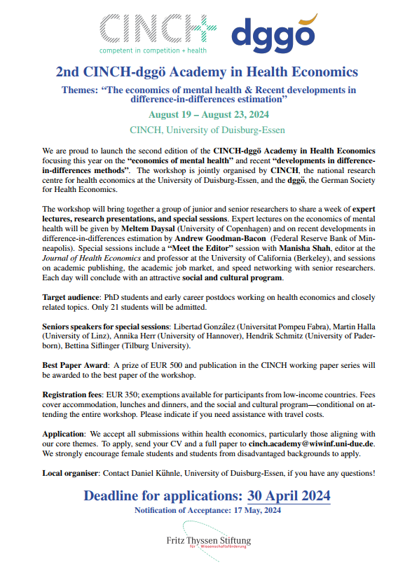 📢Calling PhD students &amp; early post-docs 📢

Join the 2bd CINCH-dggö Academy in #healtheconomics!

When? Aug 19 - Aug 23, 2024
Where? CINCH, University of Duisburg-Essen

Theme: "The economics of mental health &amp; recent advances in diff-in-diff estimation"

#EconTwitter