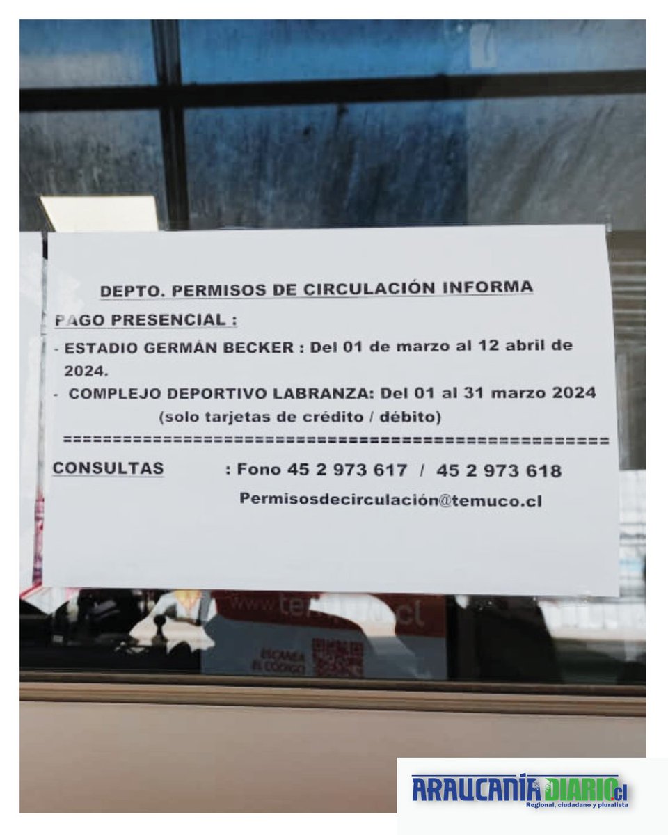 AraucaniaDiario's tweet image. 📢 #ADDifusión | #NosEnvían: Conoce las fechas y teléfonos de consulta a la hora de pagar tu #permisodecirculación en #Temuco y #Labranza.

📲 Recuerda enviarnos tu denuncia o reporte al (+56) 9 4352 2376 y redes sociales.

#LaAraucanía #AraucaníaDiario #Noticias #Chile