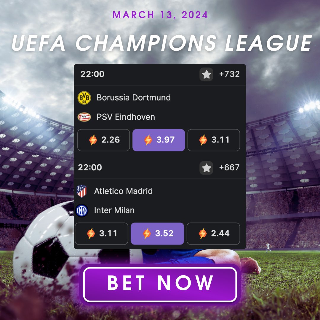 play_coza's tweet photo. ๐ Don't miss out on the action tonight - #BetNow with these enticing odds on #UEFA #ChampionsLeague matches:
#AtlรฉticoMadrid (2.26) vs (3.11) #Inter
#Dortmund (3.11) vs (2.44) #PSV
#Playdotcoza #ChampionsLeaugue #BetwithPlay #UCL https://t.co/shxua3uU0S