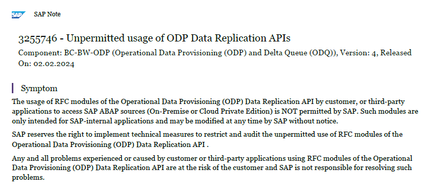 SAP:
- creates an API
- documents the API
- people use their API
- SAP scolds you for using their API and threatens audits and feature blocks. 

Remember the Microsoft Azure Data Factory CDC connector for SAP? Yup right. Got pulled because of this. learn.microsoft.com/en-us/azure/da…