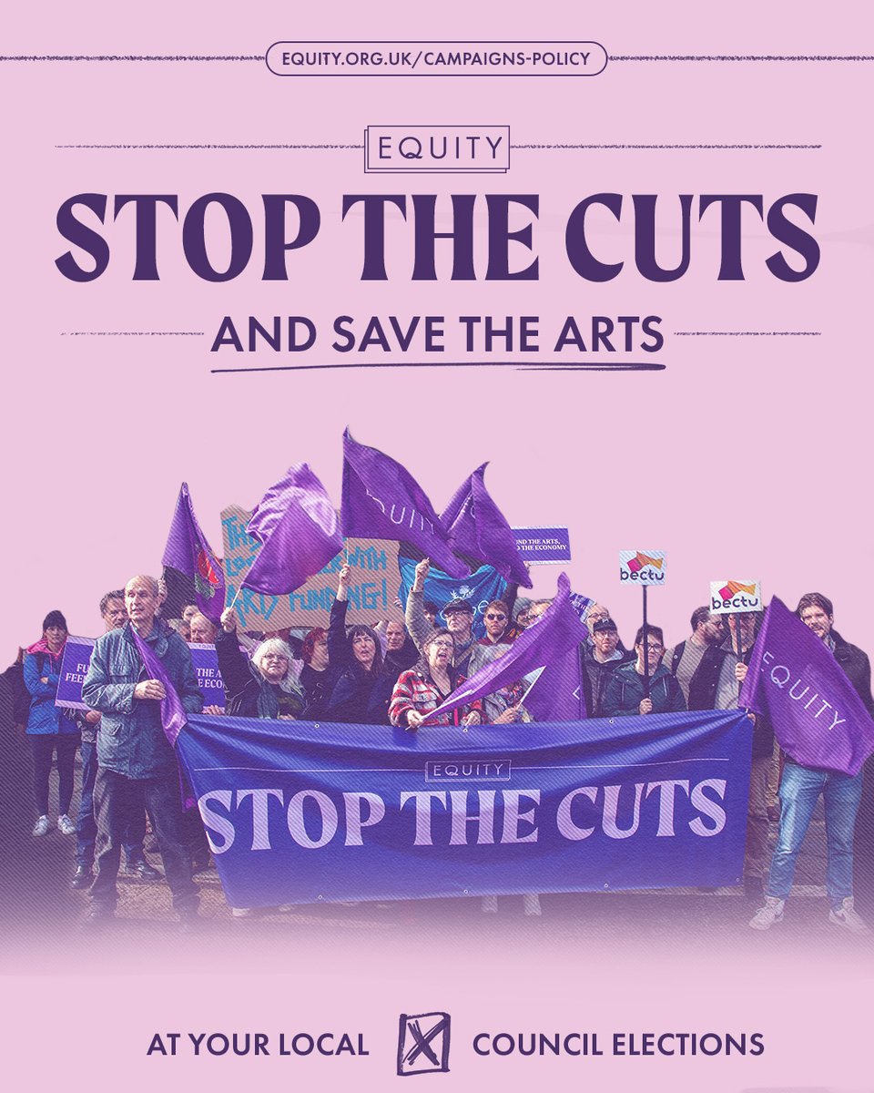 This local election we’re asking you to stop the cuts and save the arts. ✂️

Join our Zoom webinar to find out how you can take action in your local community:

👉Tuesday 19 March, 7pm

👉Sign up here: equity.org.uk/campaigns-poli…