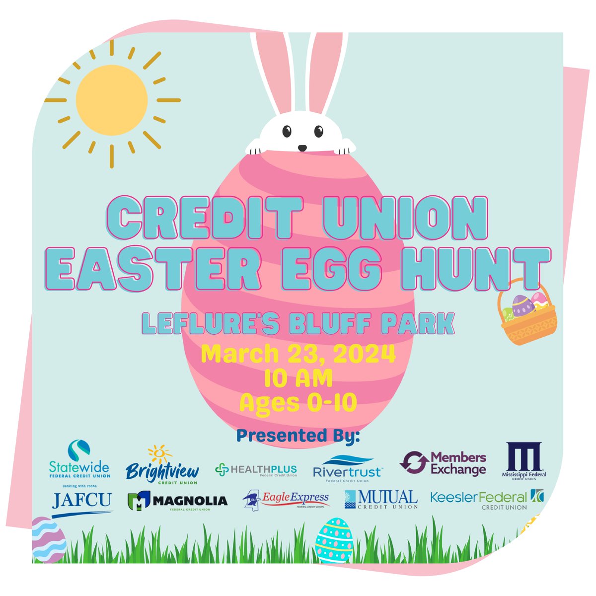Join us for a hopping good time at the Credit Union Easter Egg Hunt! Bring your kids (0-10) for a fun-filled morning of egg hunts and prizes! Mark your calendars for March 23rd from 10am-12pm at LeFleur's Bluff Playground next to the MS Museum of Natural Science in Jackson, MS.