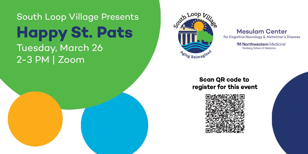 Join us and the South Loop Village on Tuesday, March 26 at 2 PM for a Virtual Memory Café. The theme of this month's meeting will be 'Happy St. Pats.' RSVP here: northwestern.zoom.us/meeting/regist…