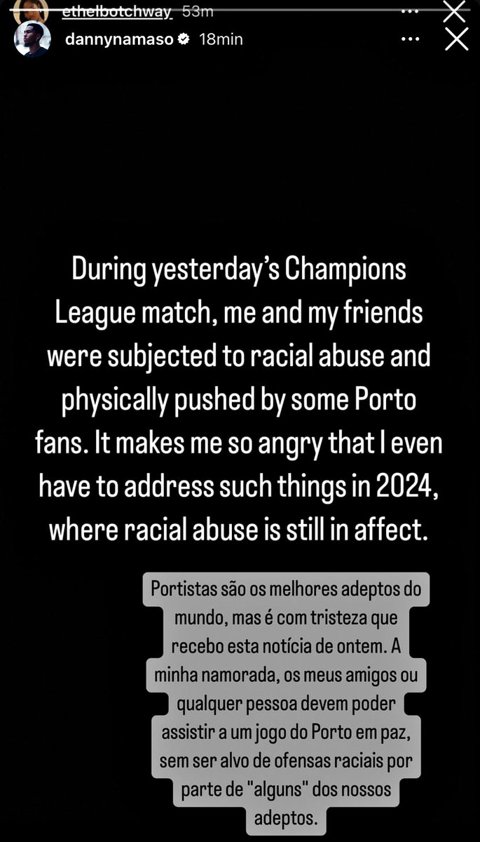B24PT's tweet photo. Namaso denuncia que a sua namorada e amigos foram vítimas de racismo por parte de adeptos do Porto durante o jogo contra o Arsenal. https://t.co/r3uWfVQU2U