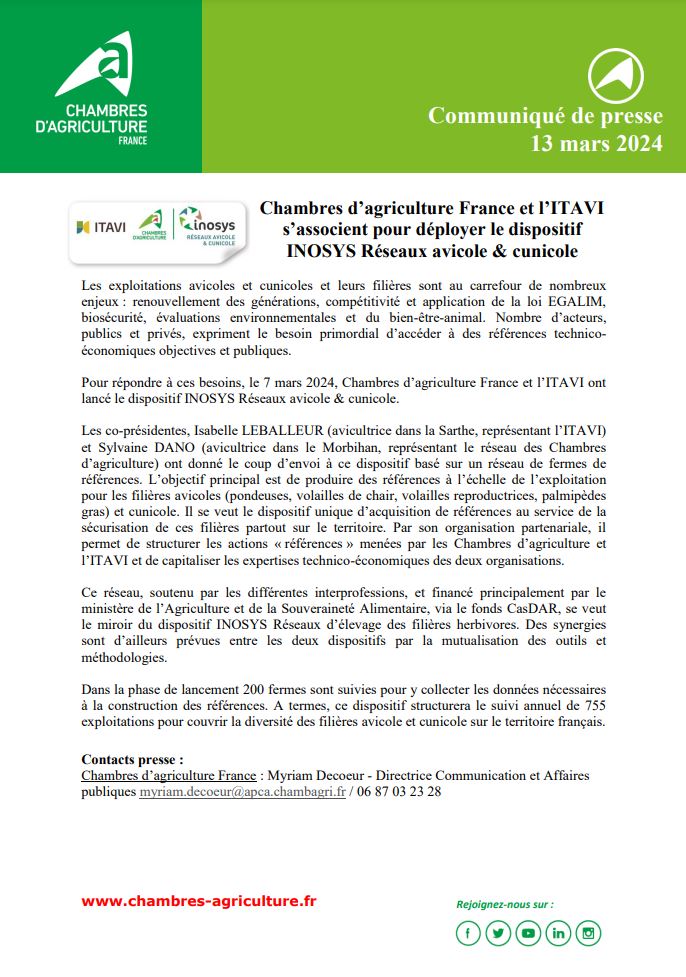 ChambagriFrance's tweet image. 📰#CP : #ChambresAgriFrance et l’@ITAVIofficiel  s’associent pour déployer le dispositif #INOSYS Réseaux avicole &amp;amp; cunicole
Les exploitations avicoles et cunicoles et leurs filières sont au carrefour de nombreux enjeux
Lire le communiqué de #presse 👇
chambres-agriculture.fr/actualites/tou…
