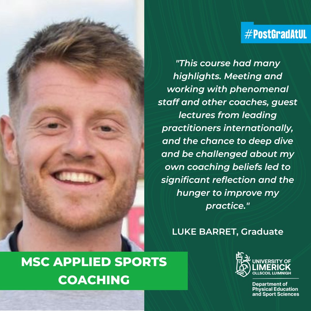 Luke Barrett, graduate of the #MScAppliedSportsCoachingUL programme recently discussed his experience as a postgraduate student in <a href="/PESSLimerick/">PESS @ UL</a> on the most recent instalment of the <a href="/UL/">University Of Limerick</a> Alumni Spotlight Series. 

Link ⬇️ 
ul.ie/news/universit…