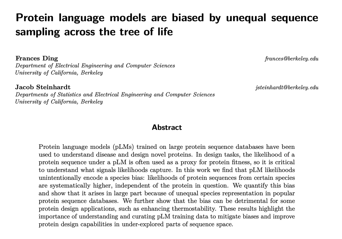 Protein language models (pLMs) can give protein sequences likelihood scores, which are commonly used as a proxy for fitness in protein engineering. But what do likelihoods encode? In a new paper (w/ @JacobSteinhardt) we find that pLM likelihoods have a strong species bias! 1/