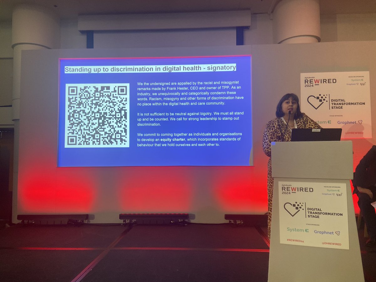 In our final #Rewired24 keynote session @AyeshaRahimCCIO launches an equity charter following the @NetworkShuri & @digitalhealth2 joint statement yesterday. Please do sign the petition to be part of an open letter to stand up to discrimination in digital health.…