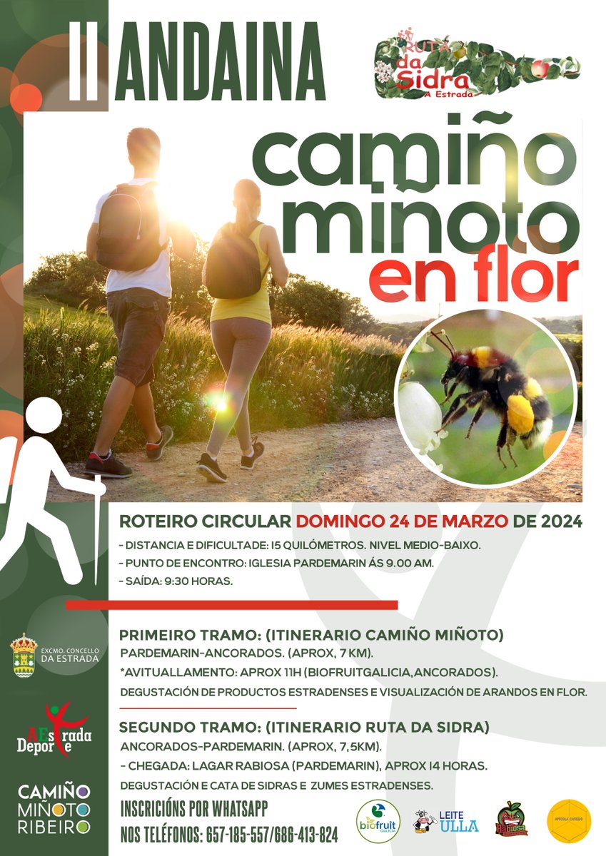🏵️ Chega a II Andaina ‘Camiño Miñoto en Flor’!

🚶 A ruta, cun percorrido sinxelo de 15 km, partirá, o 24 de marzo, desde a igrexa de Pardemarín, e inclúe a degustación de produtos típicos 🫐 da nosa localidade.

📲 Anótate a través de WhatsApp no 657 185 557 ou 686 413 824.