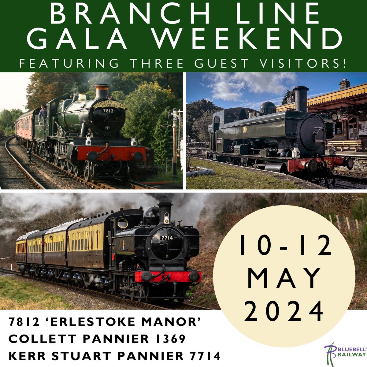 Branch Line Gala Weekend 2024- Featuring 3 Western Visitors: 10-12 May An all-star visiting cast from the GWR, with 7812 'Erlestoke Manor' & 7714 joining us from the Severn Valley Railway, alongside 1369 visiting from the South Devon Railway. Advance tickets are available now!
