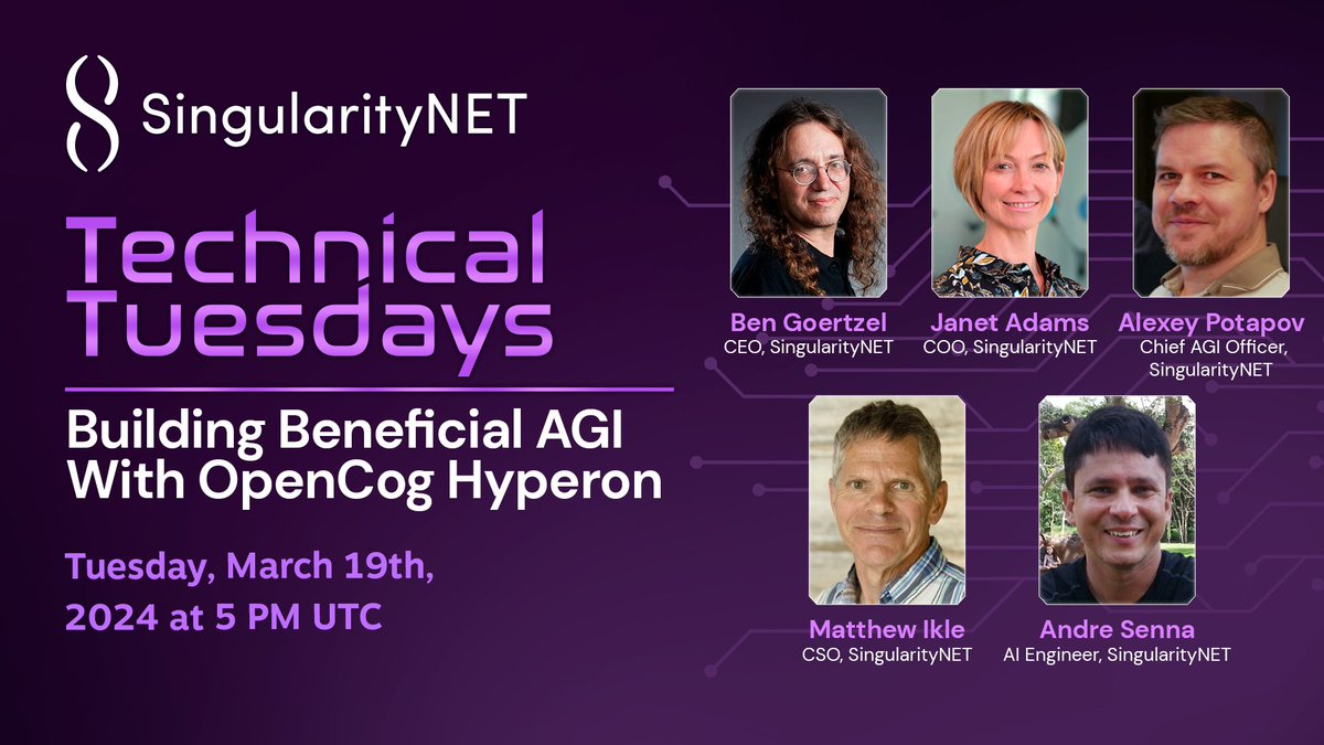 SingularityNET's tweet photo. As we approach the Alpha release of OpenCog Hyperon, we are excited to kick off a "SingularityNET's Technical Tuesdays" series with a LIVE session this Tuesday, March 19th, 2024 at 5 PM UTC on YouTube, LinkedIn, and X.
Join our CEO Dr. @bengoertzel, COO @JanetAdamsAI, Chief AGI Officer Dr. Alexey Potapov, CSO Dr. Matt Ikle, and AI Engineer Andre Luiz de Senna for a deep-dive into the OpenCog Hyperon framework for AGI and explore how we are translating our AGI R&D ideas into advanced systems ready to deal with real-world use cases.
🔔Set a reminder for the YouTube livestream: https://t.co/6AAV43dEB1
🗓 Set a reminder for the LinkedIn broadcast: https://t.co/7Ps4uLSGZJ
✖️Or join us live on X @SingularityNET!
#SingularityNET #BeneficialAGI #AGI #AI #HyperonAlpha #OpenCogHyperon #AGIX