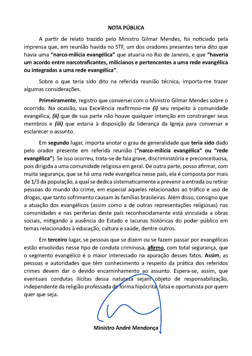 Nota Pública. Assunto: notícia sobre suposta 'narcomilícia evangélica'.