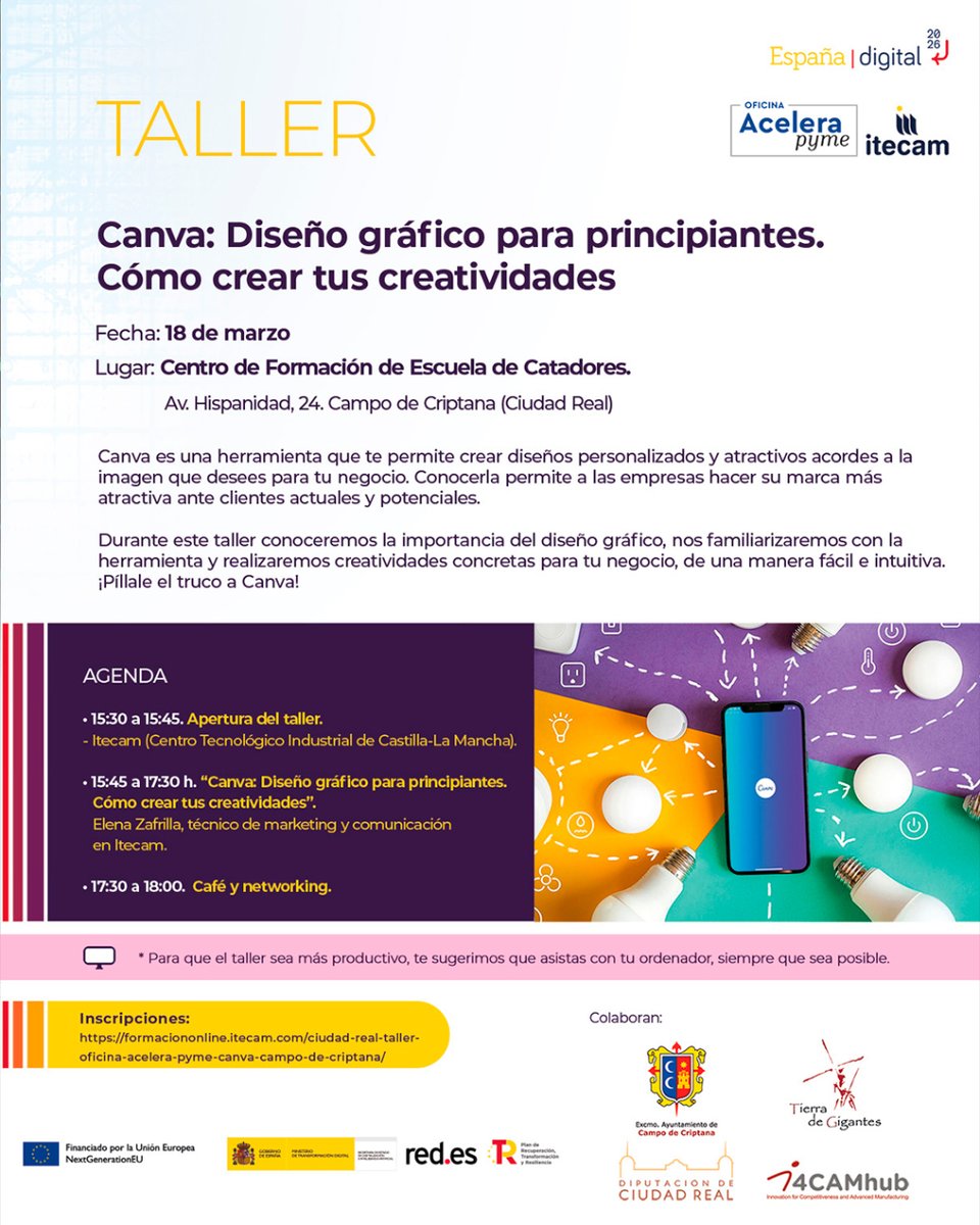 Descubre el taller gratuito de Canva en Ciudad Real para impulsar tu creatividad empresarial digital. 

Regístrate ahora.