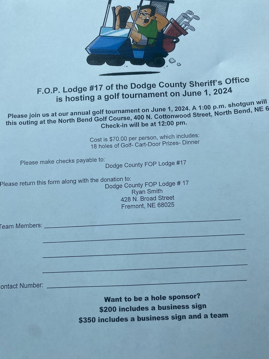 DCSO90512's tweet photo. Dodge County  FOP is putting on our yearly Golf Tournament June 1st 2024. Get signed up before we fill up our 36 team limit! https://t.co/pzZipRxerT
