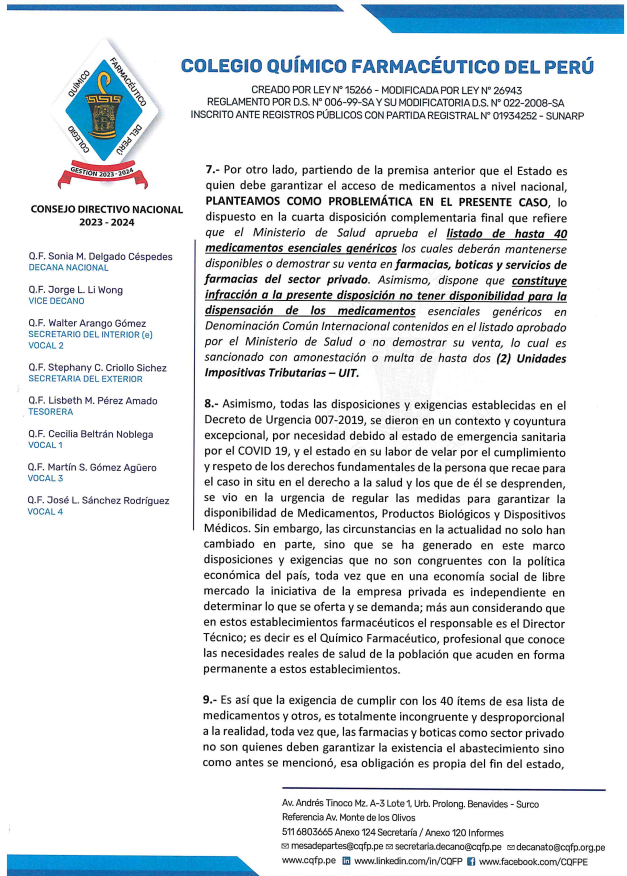 paolobenza's tweet photo. Miren, la carta que el CQFP envió al Minsa pidiéndole que no prorrogue la norma que obligaba a vender 34 genéricos tiene 7 páginas. La voy a dejar completa en este y el siguiente tuit, para que la lean.

En ninguna parte habla sobre qué medicamentos deben quitarse de la lista https://t.co/63pG16rk5k