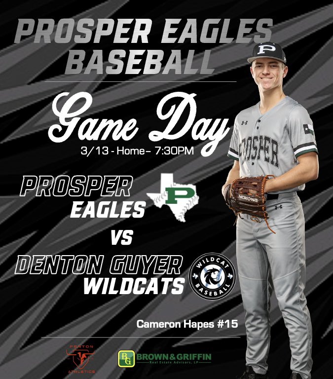 ThePHSBaseball's tweet photo. It’s Game Day! Game 1 of 2 this week starts at 7:30 PM tonight as the Prosper Eagles take on the Denton Guyer Wildcats at Prosper Eagles Stadium. Come out to root on The Eagles! 
 
The Sportsgram audio stream starts at 7:20 PM. Head to our website and click on “Listen Live” https://t.co/F1RUpLFZ7z